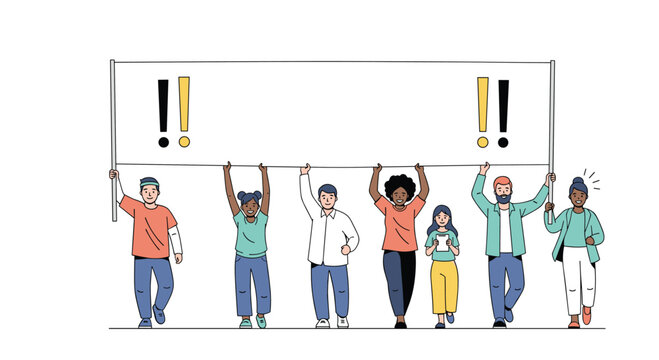 Diverse group of people holding a large blank sign with exclamation marks in support of a cause or movement