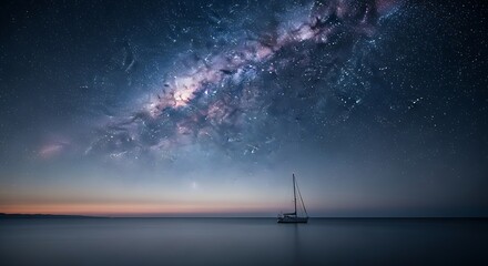 Stunning Milky Way Galaxy Over a Serene Ocean with a Lone Sailboat at Dusk