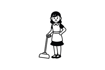 Fototapeta premium Cartoon Woman Cleaning with a Mop Wearing an Apron in Silhouette Style silhouette
