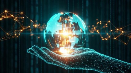 A futuristic hand holding a glowing digital globe surrounded by interconnected data streams and geometric shapes symbolizing technology and global connectivity in a cybernetic environment - Powered by Adobe