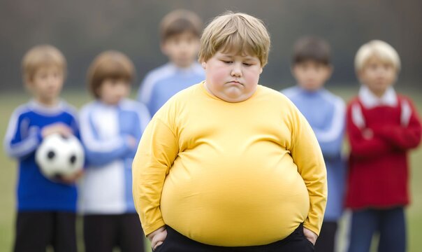 Isolated Overweight Boy in Yellow T-Shirt Amidst Fit Peers Reflects Childhood Struggles