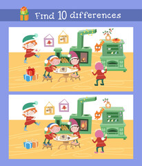 Find 10 differences. Elves are preparing for Christmas. Puzzle for kids. Children game scene for design. Vector illustration.