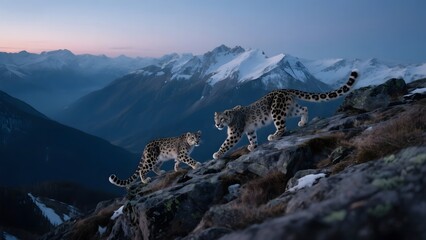 Two snow leopards navigate a rocky mountain slope at dusk, with snow-capped peaks in the background.
