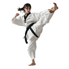Woman in white karate uniform, high kick