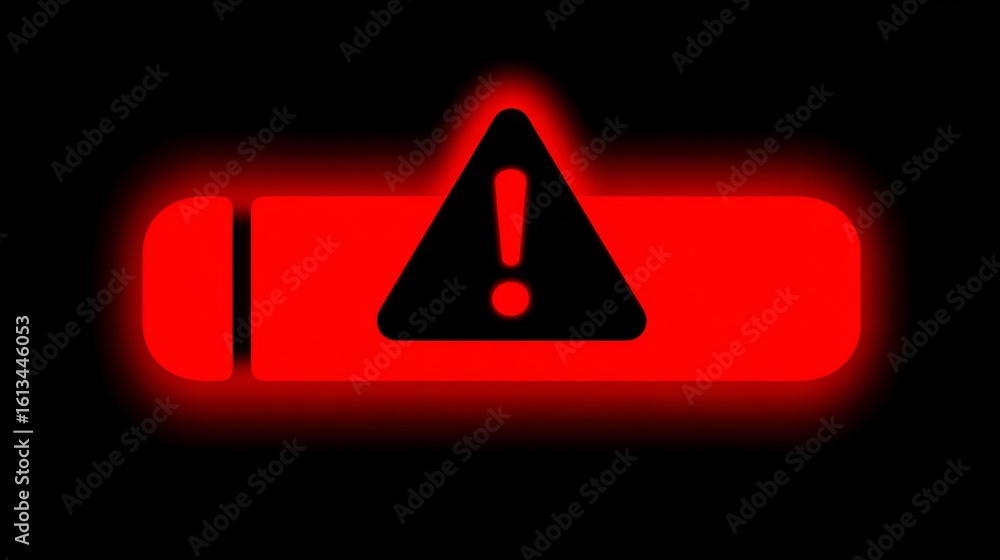 Poster red warning sign with exclamation mark illuminated on a dark background, conveying urgency and alert