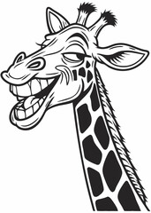 Fototapeta premium High-contrast black and white pop art illustration of a funny giraffe with exaggerated playful expression, toothy grin and raised eyebrows showcasing mischievous nature through bold graphic textures a