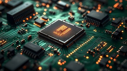 An intricately detailed close-up showcases a central microchip on a vibrant green circuit board, illuminated by tiny glowing lights, emphasizing technology's complexity.