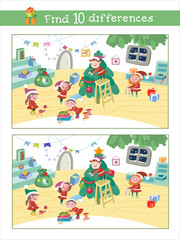 Find 10 differences. Elves are preparing for Christmas. Puzzle for kids. Children game scene for design. Vector illustration.