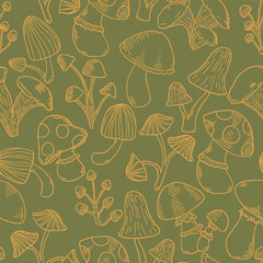 This nature-inspired pattern features a whimsical collection of hand-drawn mushroom outlines in golden yellow set against a deep olive green background. The mushrooms vary in size and species.