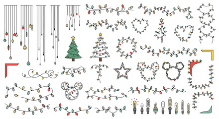 Obraz premium Festive holiday decorative elements featuring christmas trees snowflakes hearts stars and charming character silhouettes perfect for seasonal celebrations and winter designs