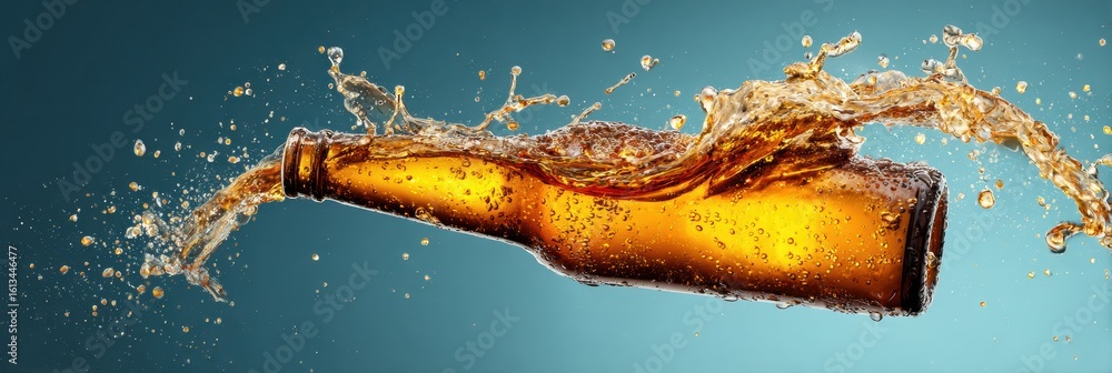 Poster golden ale splashes in midair against a blue gradient background with an open top, capturing the ess