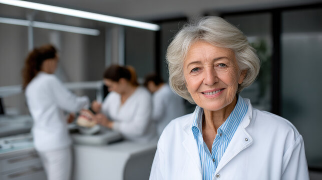 Smiling senior woman scientist in white lab coat standing in modern laboratory, confident and positive atmosphere - Powered by Adobe