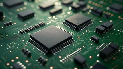 Obraz premium A close up view showcases intricate microchips and components meticulously arranged on a vibrant green circuit board, representing modern technology and innovation.
