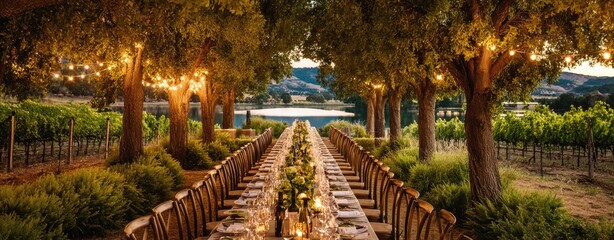 Obraz premium Outdoor vineyard dinner setting under trees