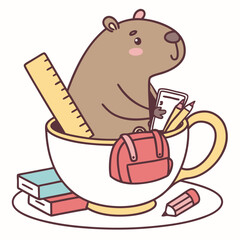 Delightful Mischievous Capybara in a Back to school scene with in a teacup – Chalkboard Fun vector illustration