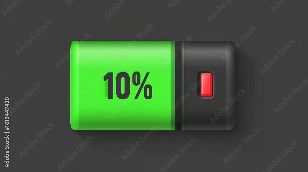 Aufkleber green battery icon showing 10% charge level with a red button, designed for digital interfaces, repr