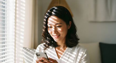 Young Woman Smiling Using Smartphone in Sunlit Room