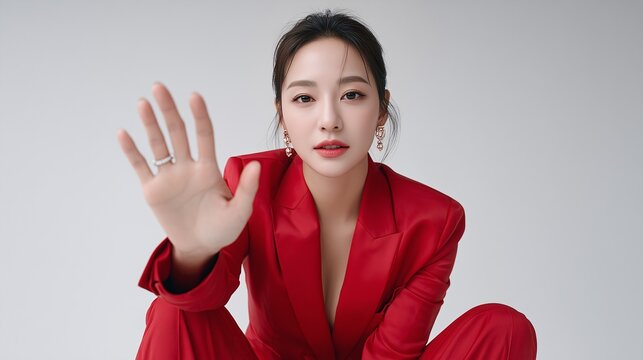 Confident woman in red suit making stop gesture close to camera - Powered by Adobe
