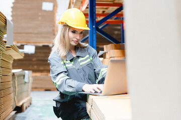 Smiling warehouse staff in hard hat working on laptop amid organized stacks of cardboard boxes in industrial warehouse. Confident posture and lighting enhance productive atmosphere.
