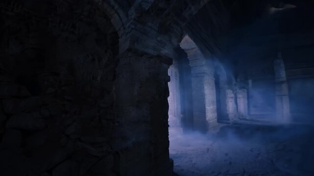 Smoke filling ancient underground corridor with bas relief