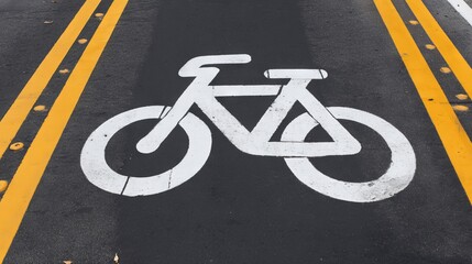 Obraz premium Bicycle lane marking on asphalt road with bright yellow lines, indicating safe passage for cyclists, promoting eco-friendly transportation and urban mobility awareness