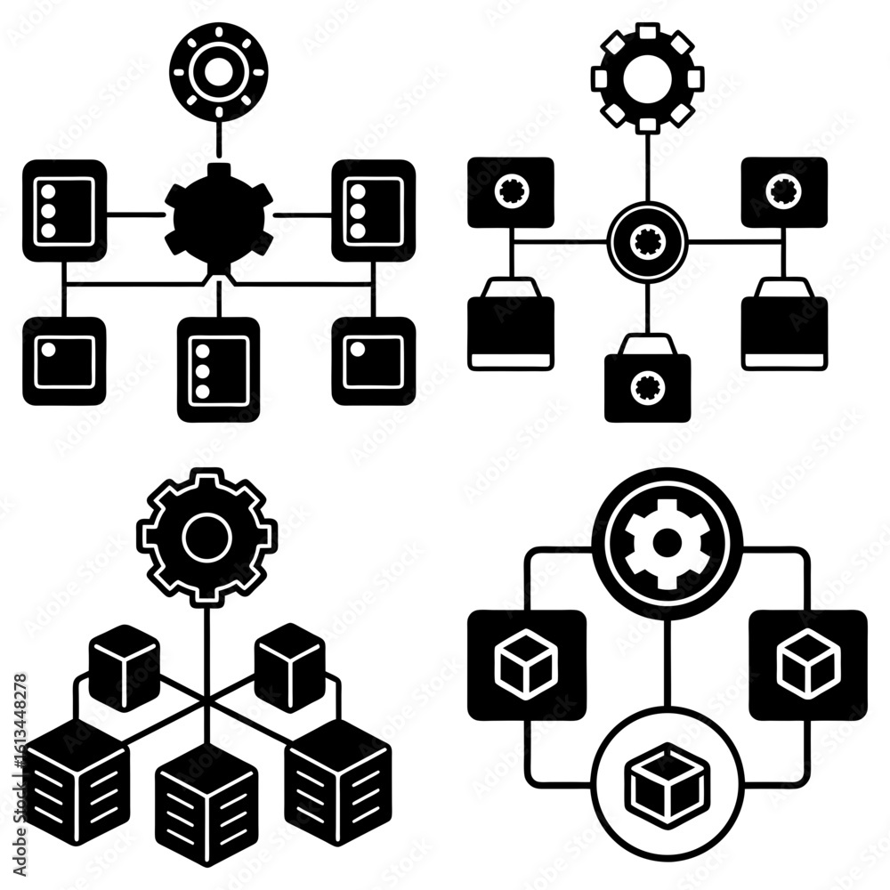 Poster illustration showing four different network configurations with gears, cubes, and connecting lines