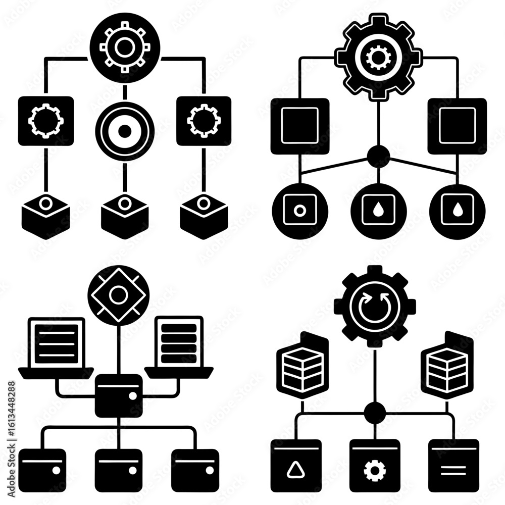 Poster four diagram representations of hierarchical structures with gears and various shapes in black and w