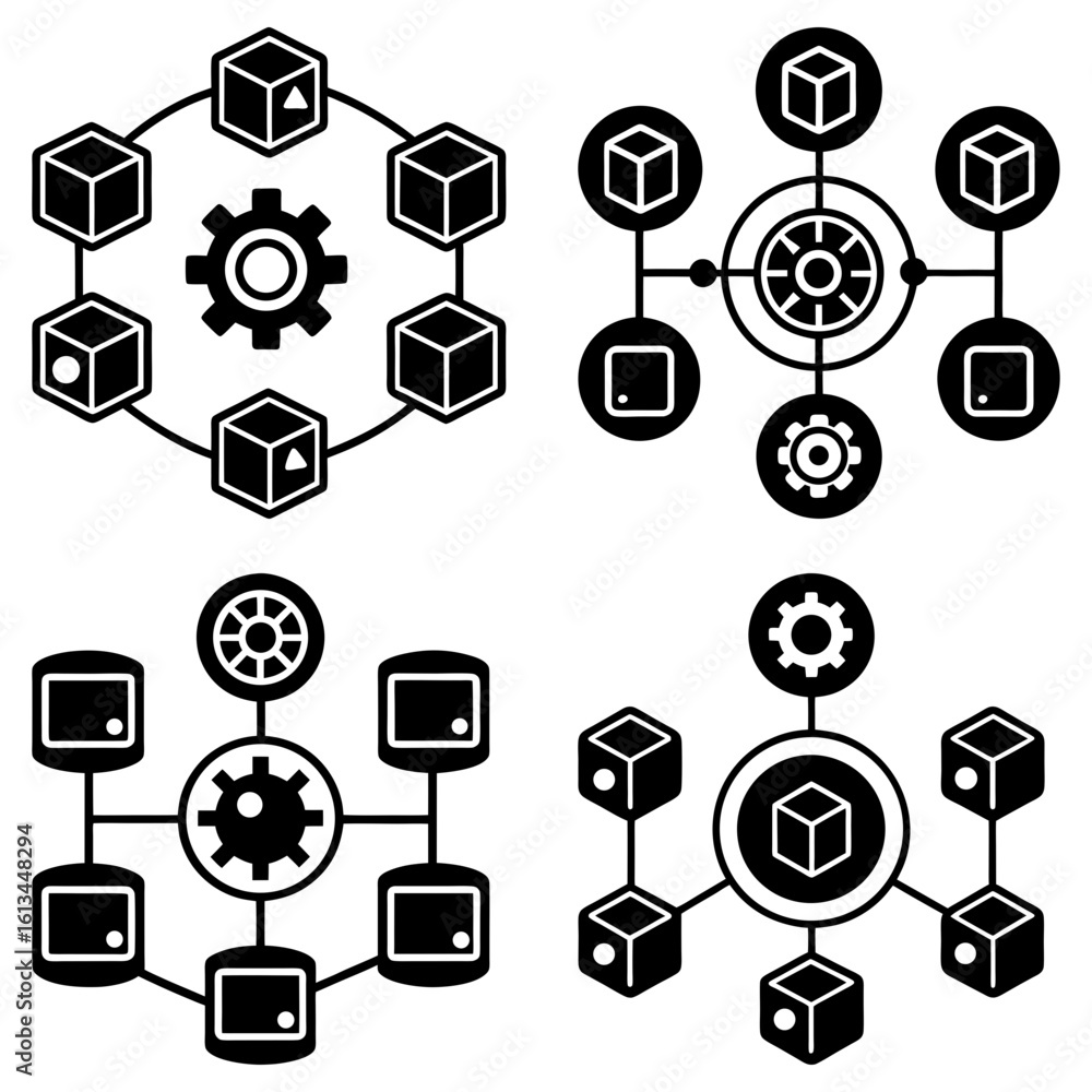 Poster illustration of four network diagrams with cubes gears and connected nodes in black and white style