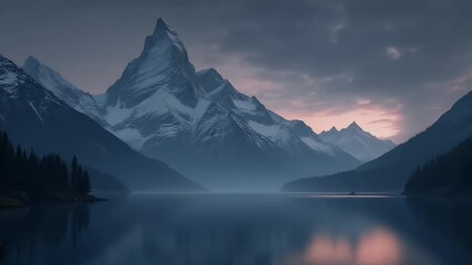 Striking 4K scene snow covered mountain peaks reflecting calm lake under fiery red orange sunrise sky ideal dramatic nature backgrounds wallpapers epic landscape - Powered by Adobe
