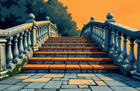 A stone staircase with ornate balustrades leading up to a lush green park at sunset