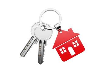 A pair of new, shiny silver metal keys with a red house-shaped keychain on a keyring, presented centrally on a transparent isolated background with no shadows, studio product photography concept for