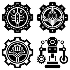 Obraz premium Illustration of four black and white mechanical and technological icons on a white background