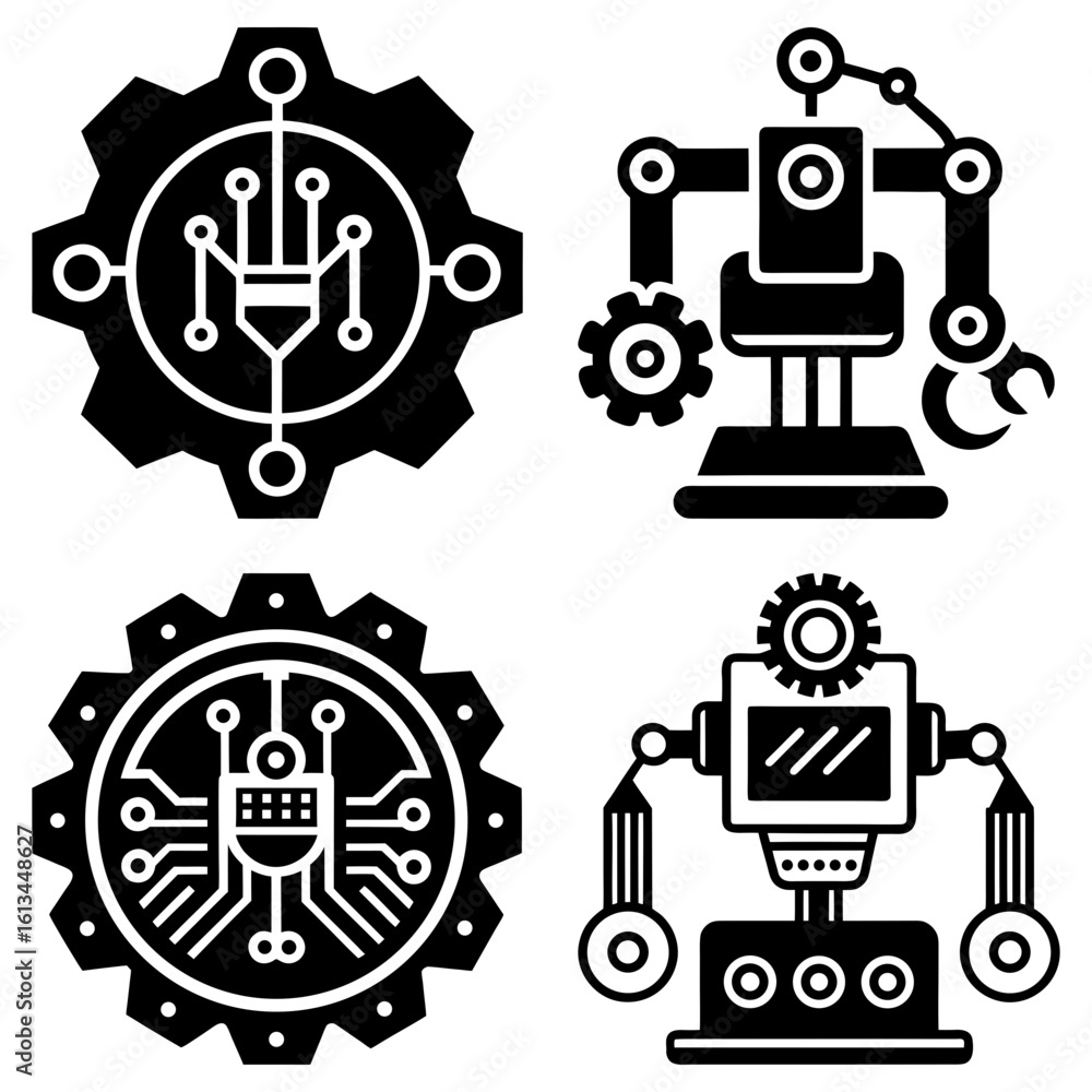 Poster illustration of four distinct robots and gears with circuit board designs in black and white style