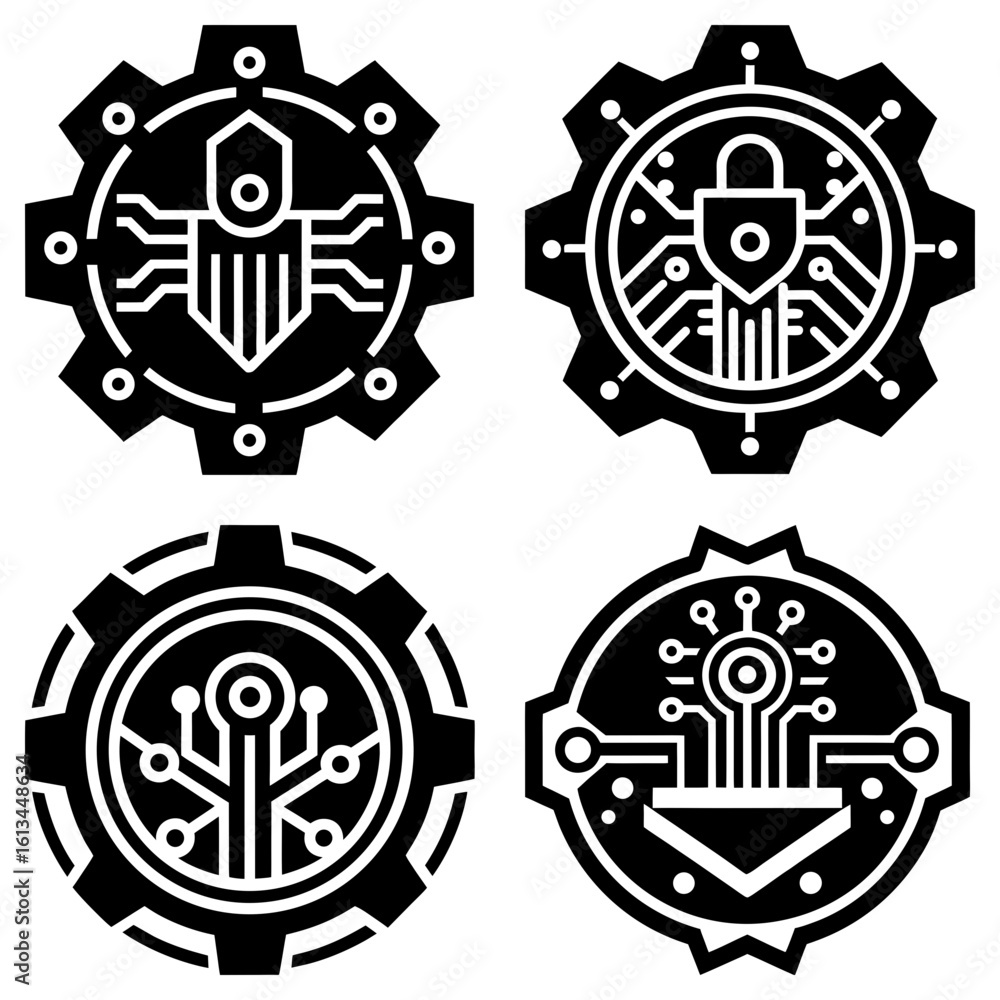 Poster four distinct black and white gear icons featuring technology and security elements in a vector form