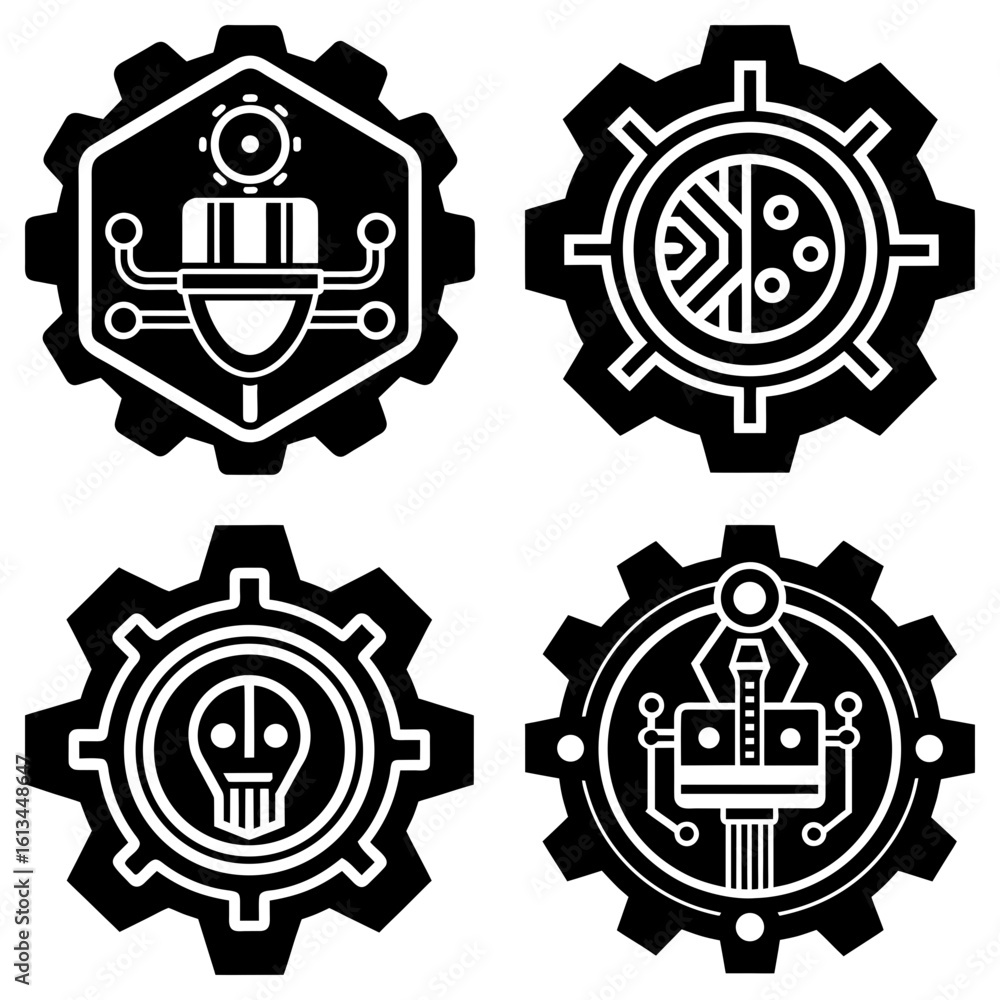 Aufkleber illustration of four black gears with different designs inside including skull robot and circuit pat