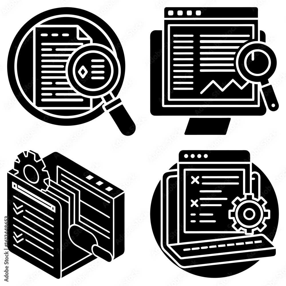 Poster four icons representing data analysis with documents, computer, and settings, all in a black and whi