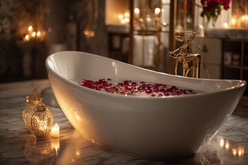 Romantic scene of a bathtub filled with water and rose petals, surrounded with candles.