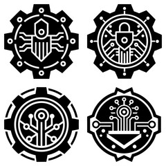 Obraz premium Four distinct black and white gear icons featuring technology and security elements in a vector format