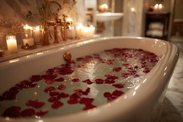 Romantic scene of a bathtub filled with water and rose petals, surrounded with candles.