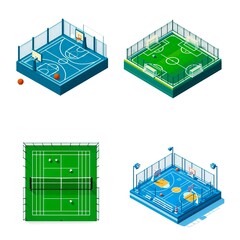 Isometric Basketball Courts – Indoor & Outdoor Variations in Blue and Green


