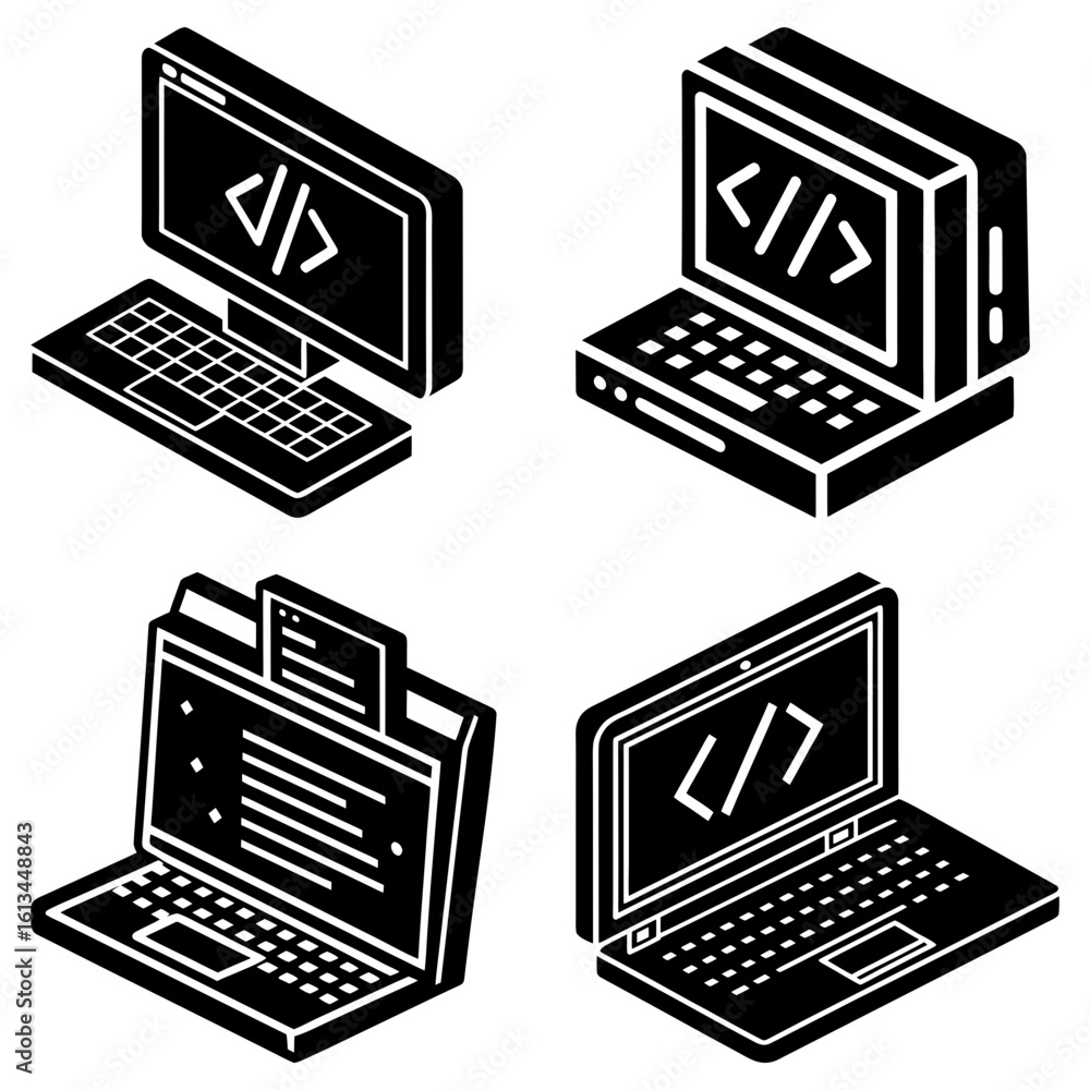 Poster isometric view of four computers displaying code symbols and document icons in black and white style