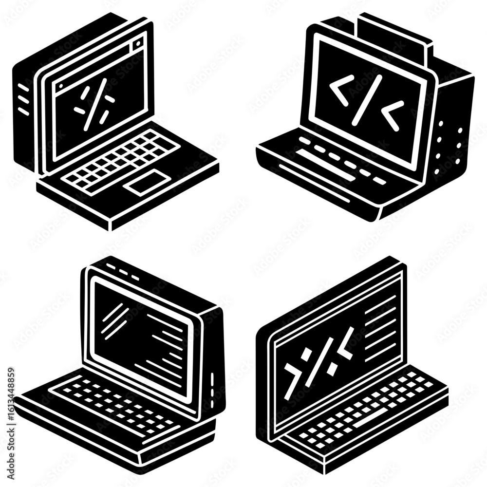 Aufkleber isometric view of four laptops displaying code and percentage signs in black and white style