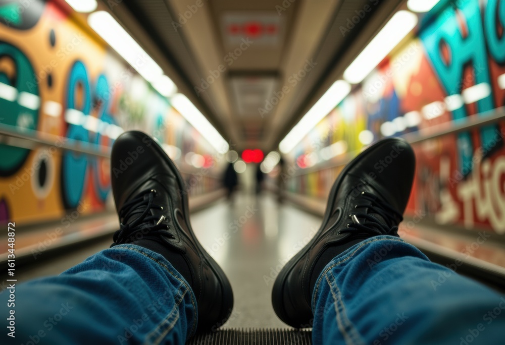 Poster a person relaxing on an escalator with colorful graffiti in the background