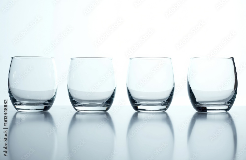 Poster four empty transparent glasses arranged in a row on a reflective surface with a plain white backgrou