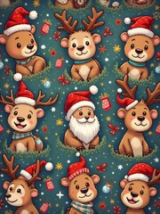 Colorful Christmas wrapping paper featuring playful bears and festive decorations