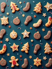 Gingerbread cookies festive display with colorful decorations on dark blue background
