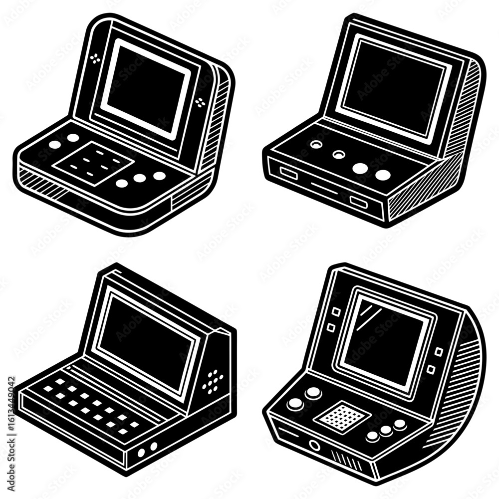 Poster four isometric illustrations of handheld gaming consoles with different button layouts and screen si