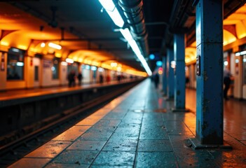 Modern underground subway station with illuminated platform and waiting passengers
