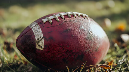 American football lying on grass. Sports equipment close-up.