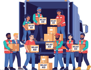 Volunteers load relief aid boxes into a truck for disaster relief efforts.